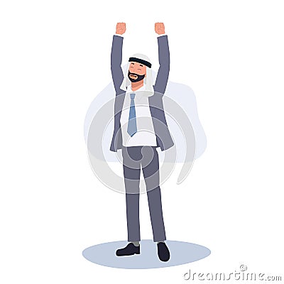 Cheerful Arab Businessman in suit Raises Hand in Victory Vector Illustration