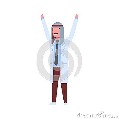 Cheerful arab male doctor raising hands arabic man in keffiyeh celebrating success hospital medicine worker cartoon Vector Illustration