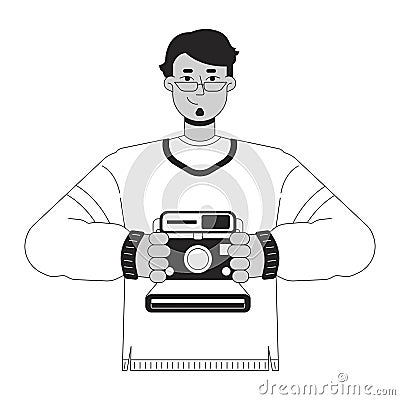 Cheerful arab man holding retro camera black and white 2D line cartoon character Vector Illustration