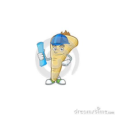 Cheerful Architect parsnip cartoon character having blue prints Vector Illustration