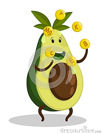 Cheerful avocado character deftly juggles balls with vitamins. Benefits of fresh vegetables and fruits during dietary nutrition. Vector Illustration