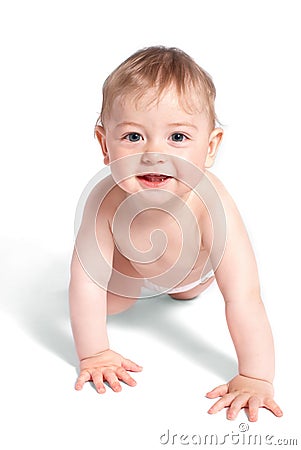 Cheerful baby creeps on white Stock Photo