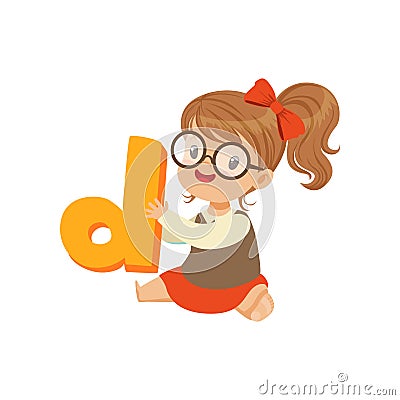 Cheerful baby girl character sitting on the floor with toy letter D for speech games. Cartoon kid character in flat Vector Illustration