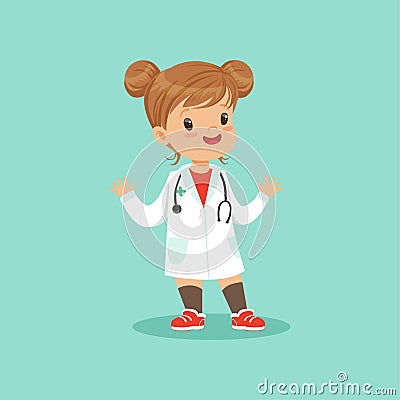 Cheerful baby girl in white medical coat and stethoscope around her neck playing doctor role, flat vector illustration Vector Illustration