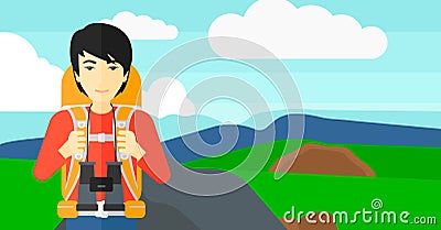 Cheerful backpacker with binoculars. Vector Illustration