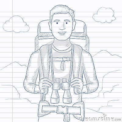 Cheerful backpacker with binoculars. Vector Illustration