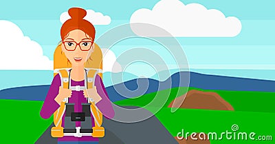 Cheerful backpacker with binoculars. Vector Illustration