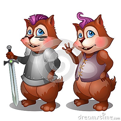 Cheerful badger in simple clothes and knight armor with sword Vector Illustration