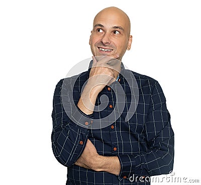 Cheerful bald man looking up and thinking. Isolated Stock Photo