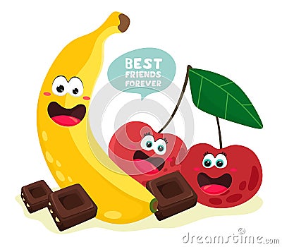 Cheerful banana and cherry with pieces of chocolate and quote. Best friends forever. Vector illustration in cartoon flat style. Vector Illustration