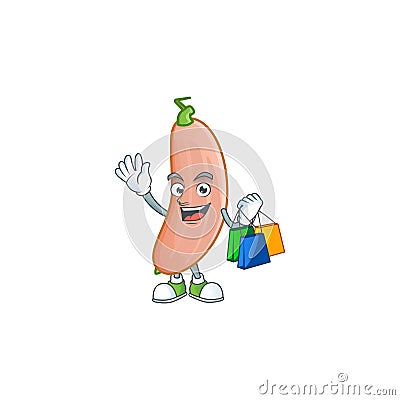 Cheerful banana squash mascot waving and holding Shopping bags Vector Illustration