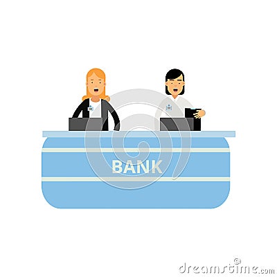 Cheerful banking workers standing behind counter desk. Customer service. Young female characters in formal clothes Vector Illustration