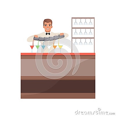 Cheerful bartender pouring alcoholic cocktails at the bar counter, barman character at work cartoon vector Illustration Vector Illustration