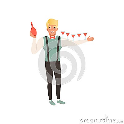 Cheerful bartender pouring alcoholic cocktails, barman show cartoon vector Illustration on a white background Vector Illustration