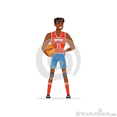 Cheerful basketball player standing with ball in hand. Athletic black man in shorts and shirt with number. Team sport Vector Illustration