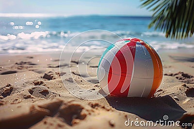 Cheerful beach ball rests on sun kissed sand, epitome of summer Stock Photo