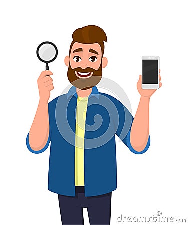 Cheerful bearded young man holding magnifying glass and mobile, cell, smart phone in hand. Search, find, discovery, analyze. Vector Illustration