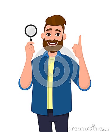 Cheerful bearded young man holding/showing magnifying glass and pointing hand finger up. Search, find, discovery, analyze, inspect Vector Illustration
