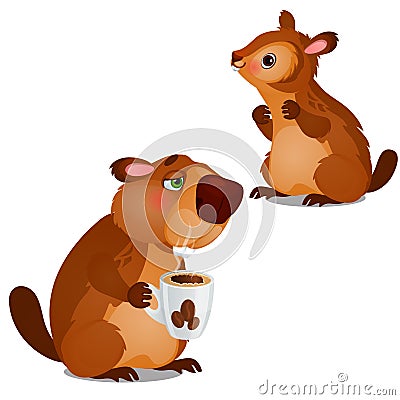 Cheerful beaver and tired beaver drinking coffee isolated on white background. Vector cartoon close-up illustration. Vector Illustration