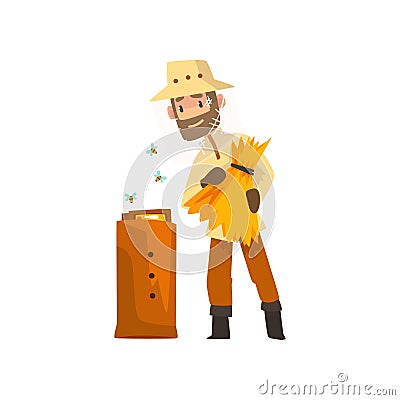 Cheerful beekeeper man hiver harvesting honey, apiculture and beekeeping concept vector Illustration Vector Illustration