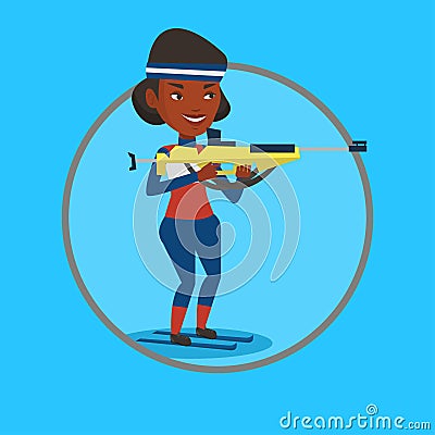 Cheerful biathlon runner aiming at the target. Vector Illustration