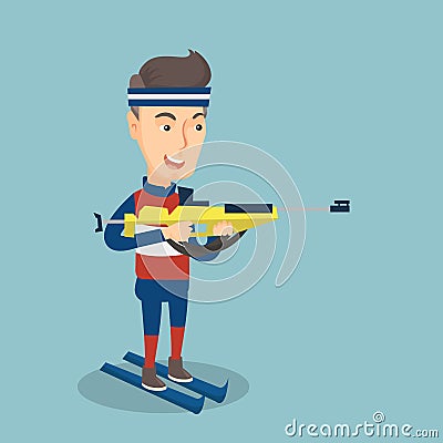 Cheerful biathlon runner aiming at the target. Vector Illustration