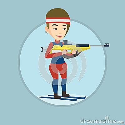 Cheerful biathlon runner aiming at the target. Vector Illustration