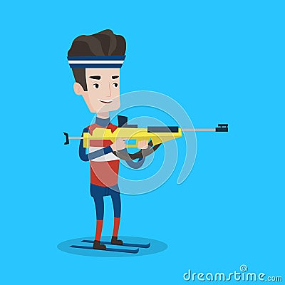 Cheerful biathlon runner aiming at the target. Vector Illustration