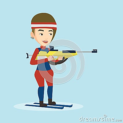 Cheerful biathlon runner aiming at the target. Vector Illustration