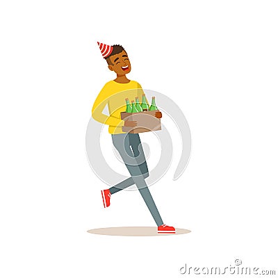 Cheerful black boy carrying box of alcoholic drinks for birthday celebration. Cartoon teenager character with party hat Vector Illustration