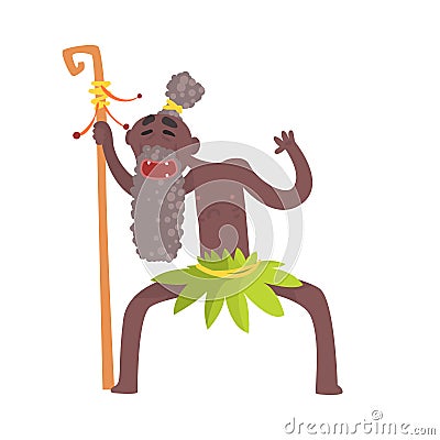 Cheerful black skinned old man aborigine of ancient tribe Vector Illustration