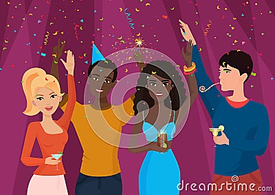 Cheerful black and white people standing in falling confetti and celebrating. Birthday party guys. Vector Illustration