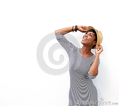 Cheerful black woman smiling with hat Stock Photo