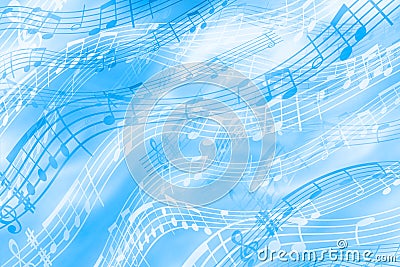 Cheerful, blue background on a musical theme with the image of notes and stave. Bright abstract background of colored strips Stock Photo