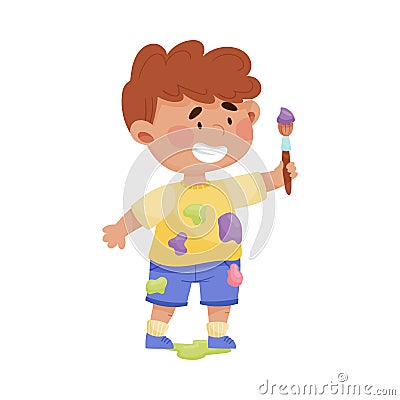 Cheerful Boy in Blotted Clothes Carrying Paintbrush and Paint Vector Illustration Vector Illustration