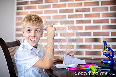 A cheerful boy came up with an idea Stock Photo
