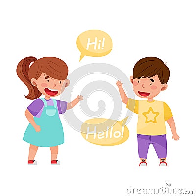 Cheerful Boy and Girl Saying Hello to Each Other Vector Illustration Vector Illustration