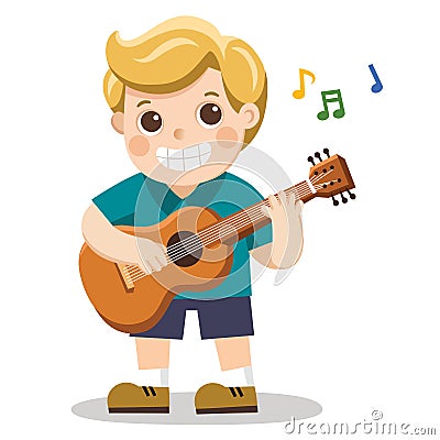 A cheerful boy playing guitar and singing happily. Vector Illustration