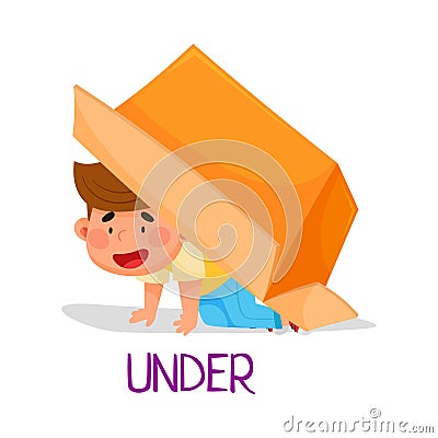 Cheerful Boy Sitting Under Carton Box as Preposition of Place Vector Illustration Vector Illustration