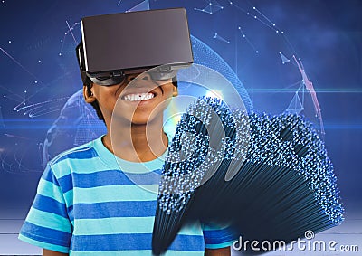 Cheerful boy using virtual reality headset and fibre optics interface Stock Photo