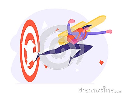 Cheerful Brave Businessman Punch Through Huge Target with Jet Pack on Back. Male Office Worker Manager Employee Flying Vector Illustration