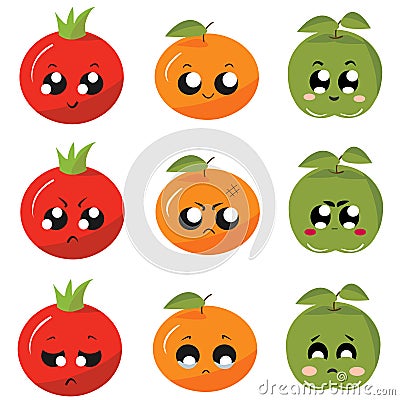 Icons / stickers vegetables and fruits with emotions Vector Illustration