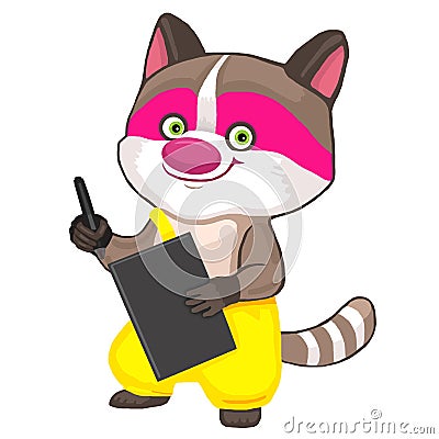 Cheerful and bright raccoon character with a graphic tablet and a stylus draws on a white background Stock Photo