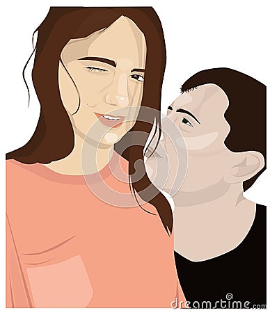 Cheerful brunette woman in light pink t-shirt looking and winking. Man in black t-shirt watching her girlfriend. Young Vector Illustration
