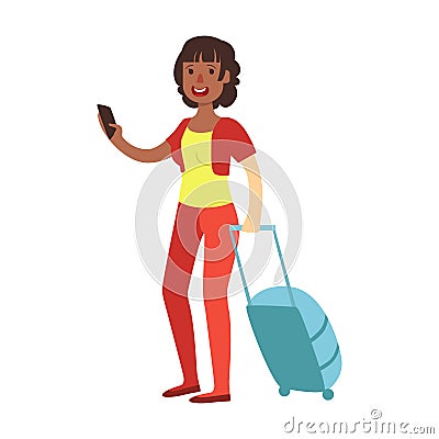 Cheerful brunette woman standing with travel suitcase. Colorful cartoon character Vector Illustration
