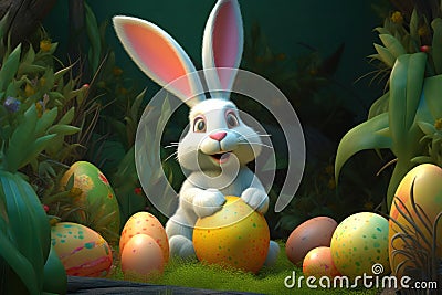Cheerful Bunny with Easter Eggs in the Garden. Generative AI. Stock Photo