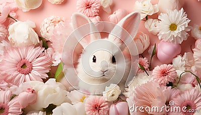 Cheerful bunny with sunglasses in floral setting on solid backgroundstudio shot with text space. Stock Photo