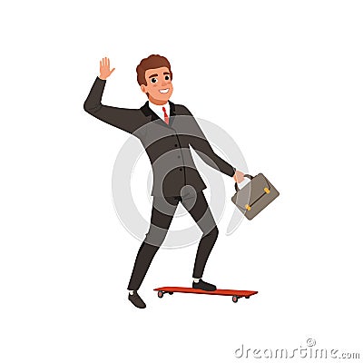 Cheerful business man riding on skateboard and waving hand. Cartoon young guy in classic black suit with red tie. Office Vector Illustration