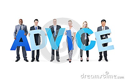 Cheerful Business People Holding the Word Advice Stock Photo