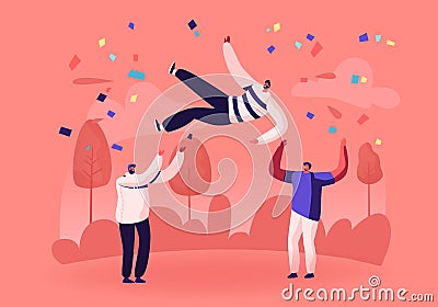 Cheerful Business Team or Good Friends Tossing in Air Man with Festive Confetti around. Businesspeople Celebrate Victory Vector Illustration